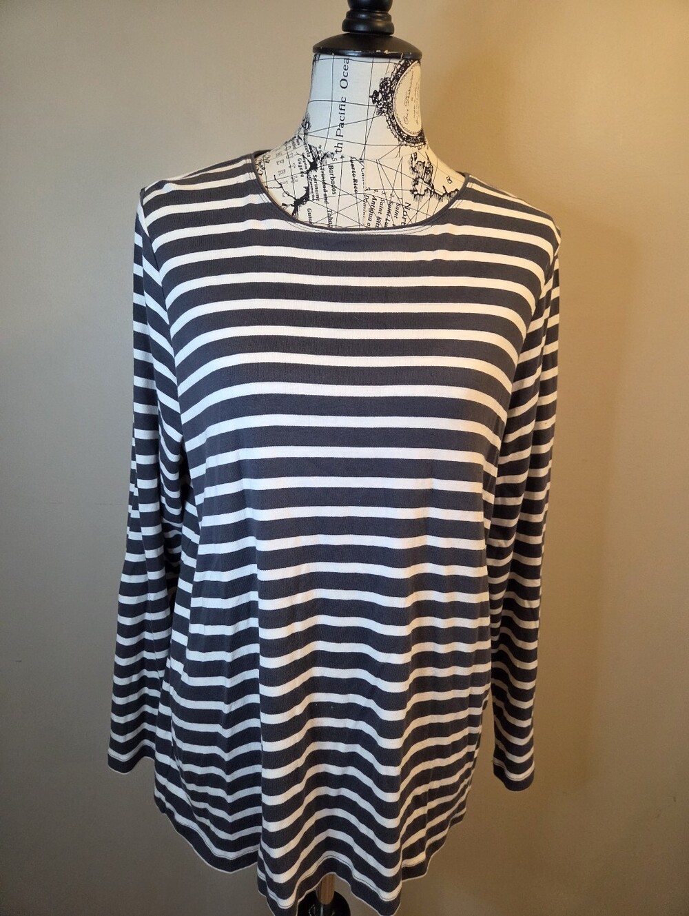 CJ Banks 1X Top Gray White Stripe Long Sleeve Cotton Tunic Blouse Casual
